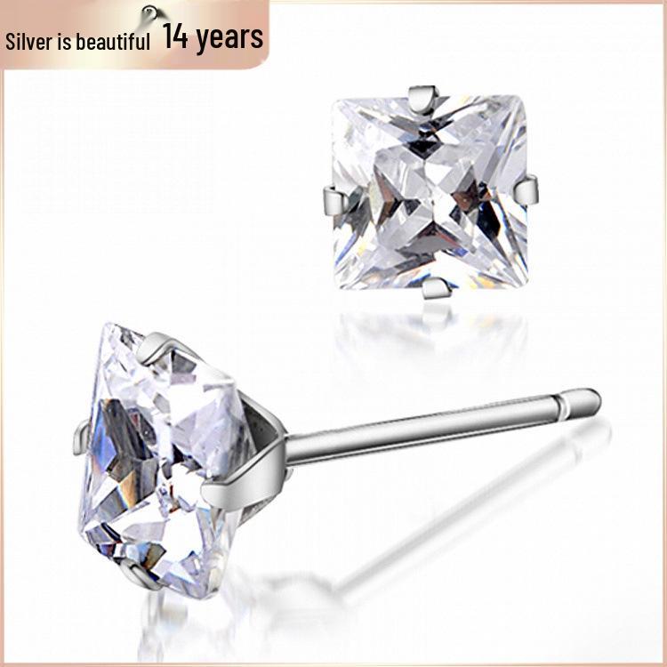 

S925 Sterling Silver Square Zircon Four-Prong Stud Earrings - Korean Fashion Crystal Jewelry, Silver Christmas Gift. White 3mm Zircon with Rubber Ear Plug