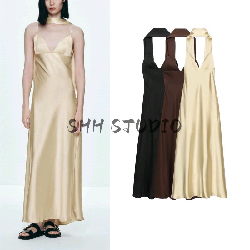 Summer New Women clothes Bowknot Decoration V-neck Sleeveless Thin Scarf with Silk Satin Texture Dress 8033331