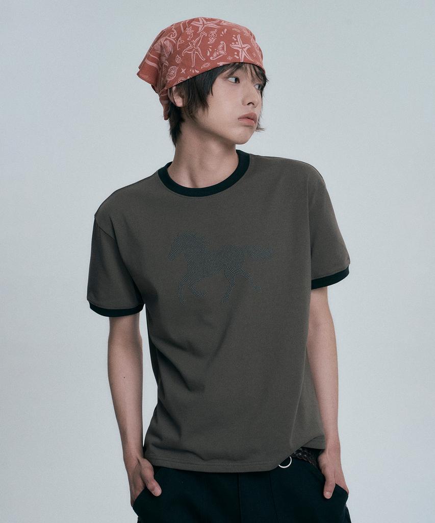 MOO Horse Hotfix Ringer Short Sleeve T-Shirt - Khaki