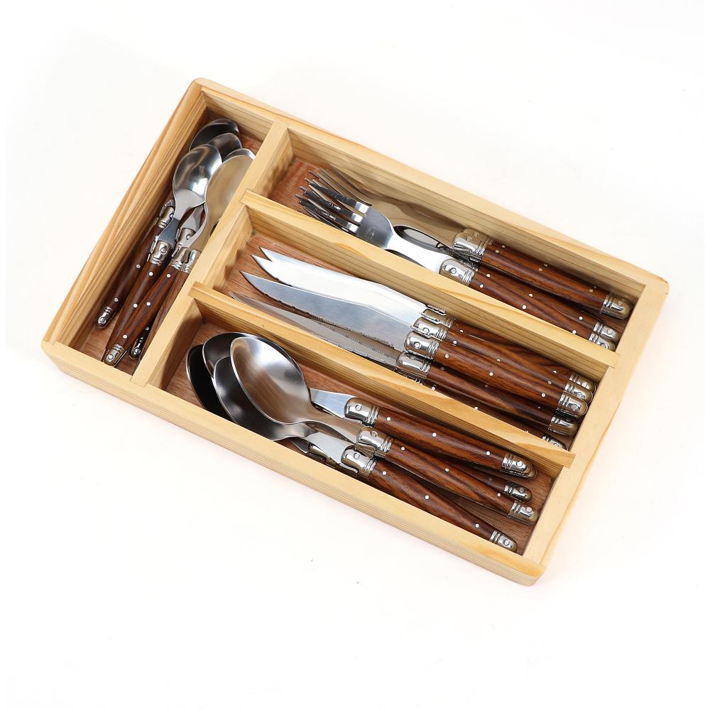 Jaswehome 4/6/24Pcs Wood Grain Dinnerware Serrated Steak Knives Set Full Tang Table Utensil Dinner Spoon Fork