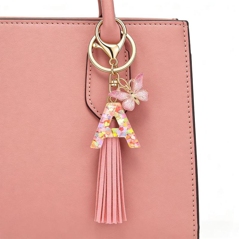English Alphabet Letter Tassels Keychain Pink Butterfly Pendant Key Chain Women Car Key Ring Bag Jewelry Simple Letter Name Gift