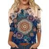 Trendy Vintage 3/4 Sleeve Top For Women,Ladies Casual Three Quarter Sleeve Round Collar Printed T-Shirt Blouse
