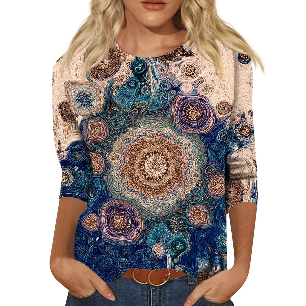 Trendy Vintage 3/4 Sleeve Top For Women,Ladies Casual Three Quarter Sleeve Round Collar Printed T-Shirt Blouse