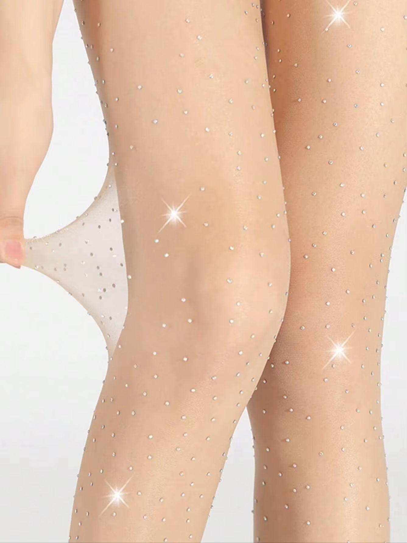 

1 Pair Skin Tone Starry Colorful Rhinestone Pantyhose, Valentine S Day Exclusive, Bling Bling Diamond Design S