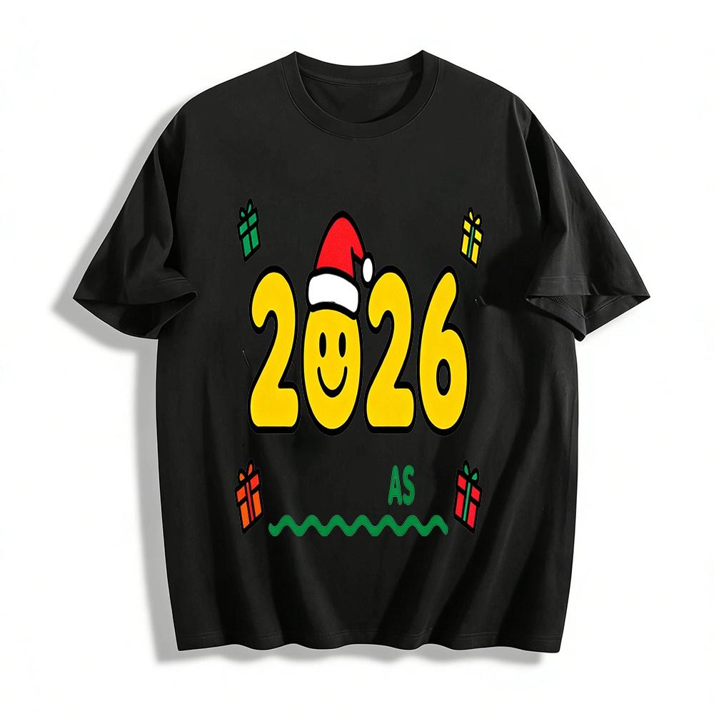

2026 Christmas Smile Face Graphic Casual Holiday Vibe Top Pure cotton T-shirt XXS
