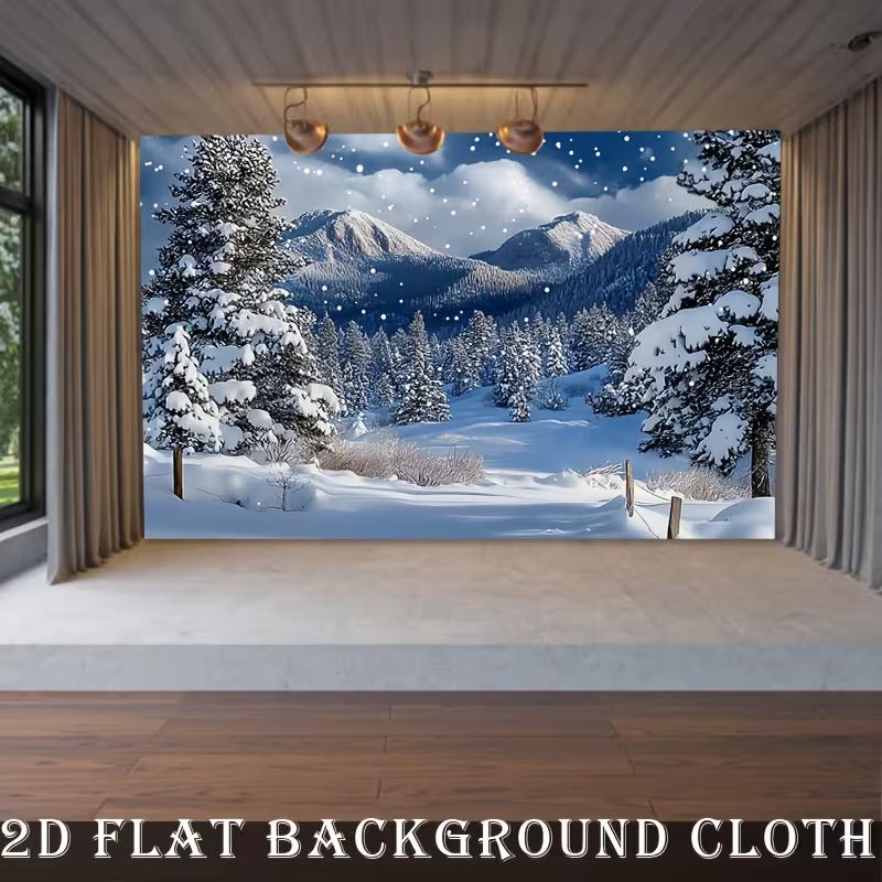 2D Bright Snowy Mountain Scene Backdrop, Forest & Falling Snow Photography Background 47.2x31.5inch/120*80cm