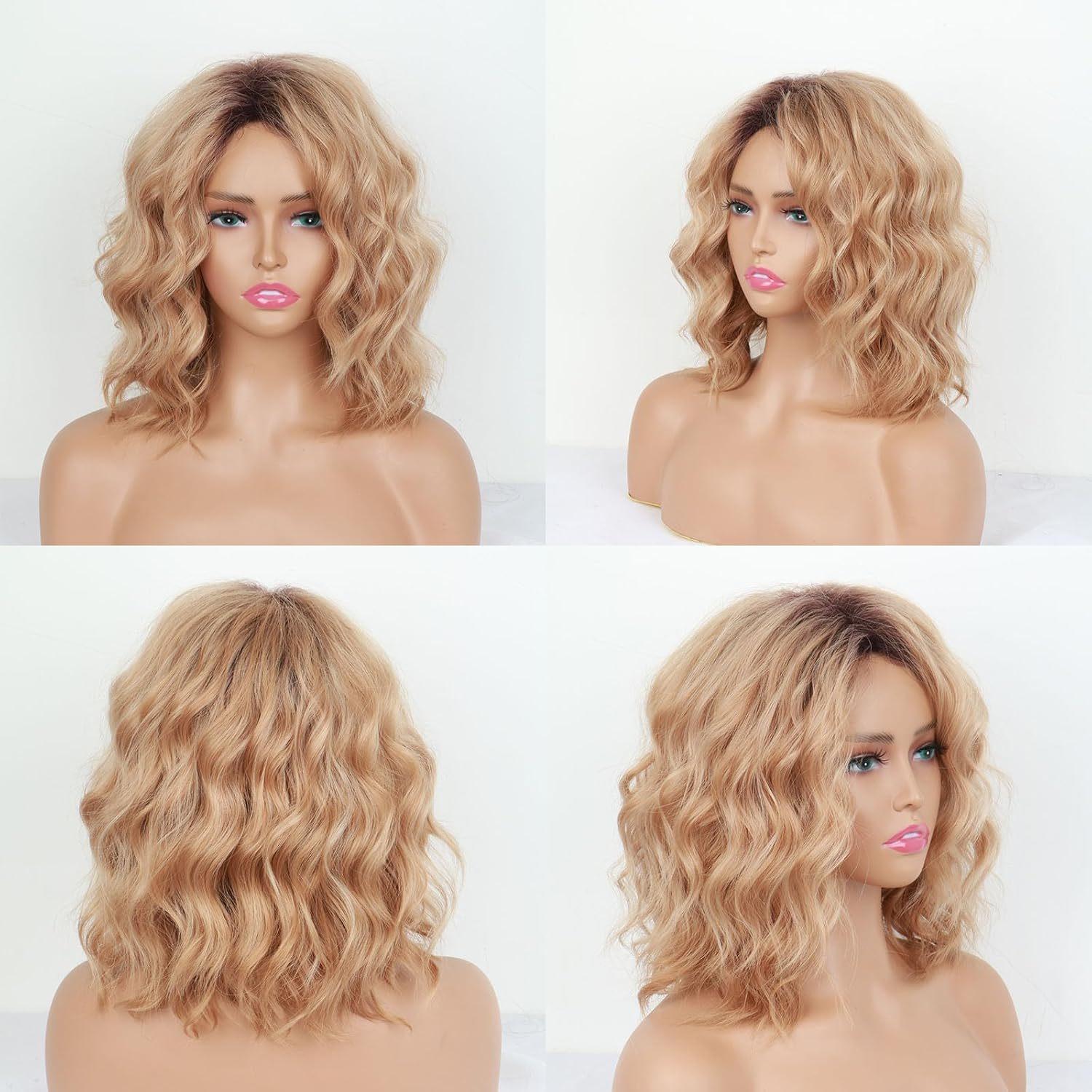 

Women s Short Water Wave Curly Wig, Brown Dyed Heat Resistant Synthetic Hair with Breathable Cap for Daily & Party Occasions 22inch