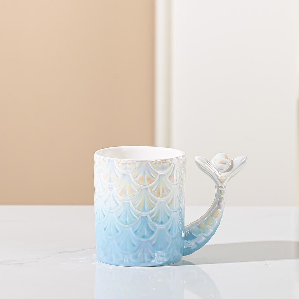 Personalized Mermaid Scale Relief Ceramic Cup Student Water Cup Gradient Mug High Temperature Resistant Office Cup Souvenir Gift
