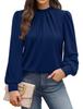 Spring Autumn Stand Collar Loose Casual Elegant Pullover Blouse Women Long Sleeve Solid Color Folds Shirt Top