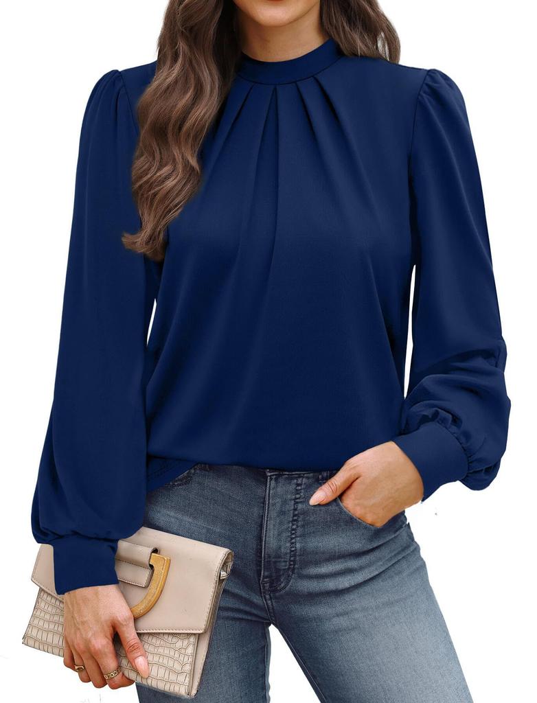 Spring Autumn Stand Collar Loose Casual Elegant Pullover Blouse Women Long Sleeve Solid Color Folds Shirt Top