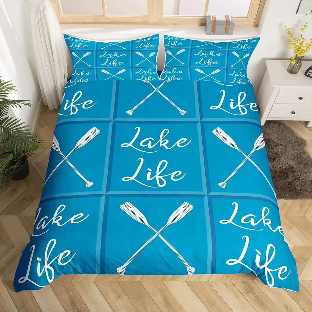 Fishing Hunting Duvet Cover Set Queen Lake House Comforter Cover Fishing Pole Paddle Bedding Set For Boys Girls Farmhouse Decor