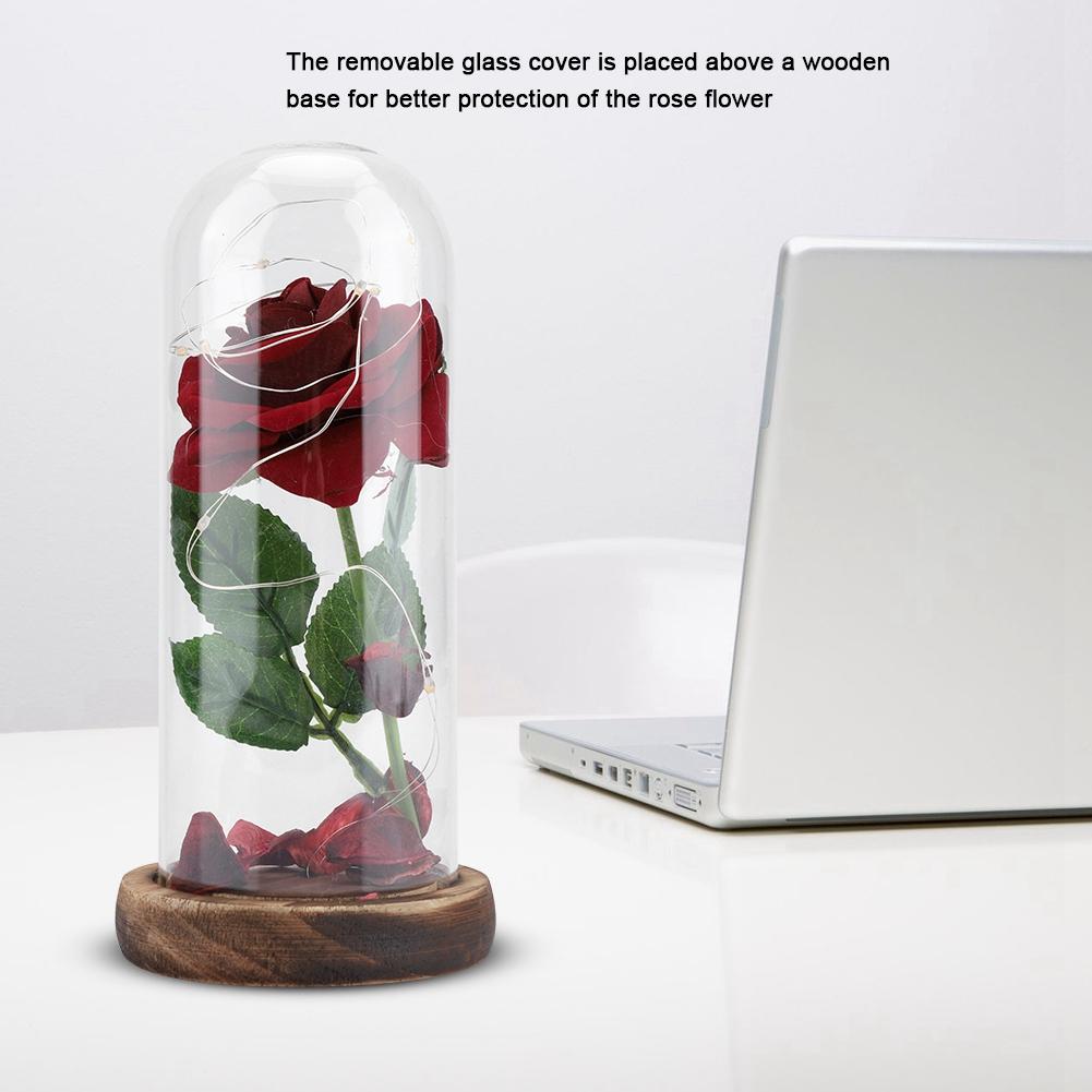 Preserved Rose Flower LED Light with Glass Cover & Wooden Base Valentines Day Wedding Gift Red