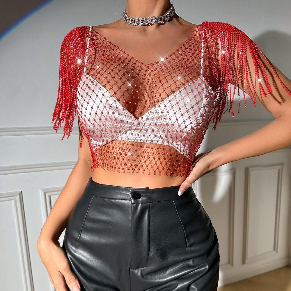 Rhinestone Fishnet Glitter Top Mesh Rhinestone Fishnet Cover Ups  Party