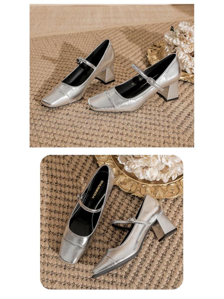 Silver Mary Jane High Heels: Women's Square Toe Retro Chunky Heel One-Strap Shoes for Spring and Autumn.