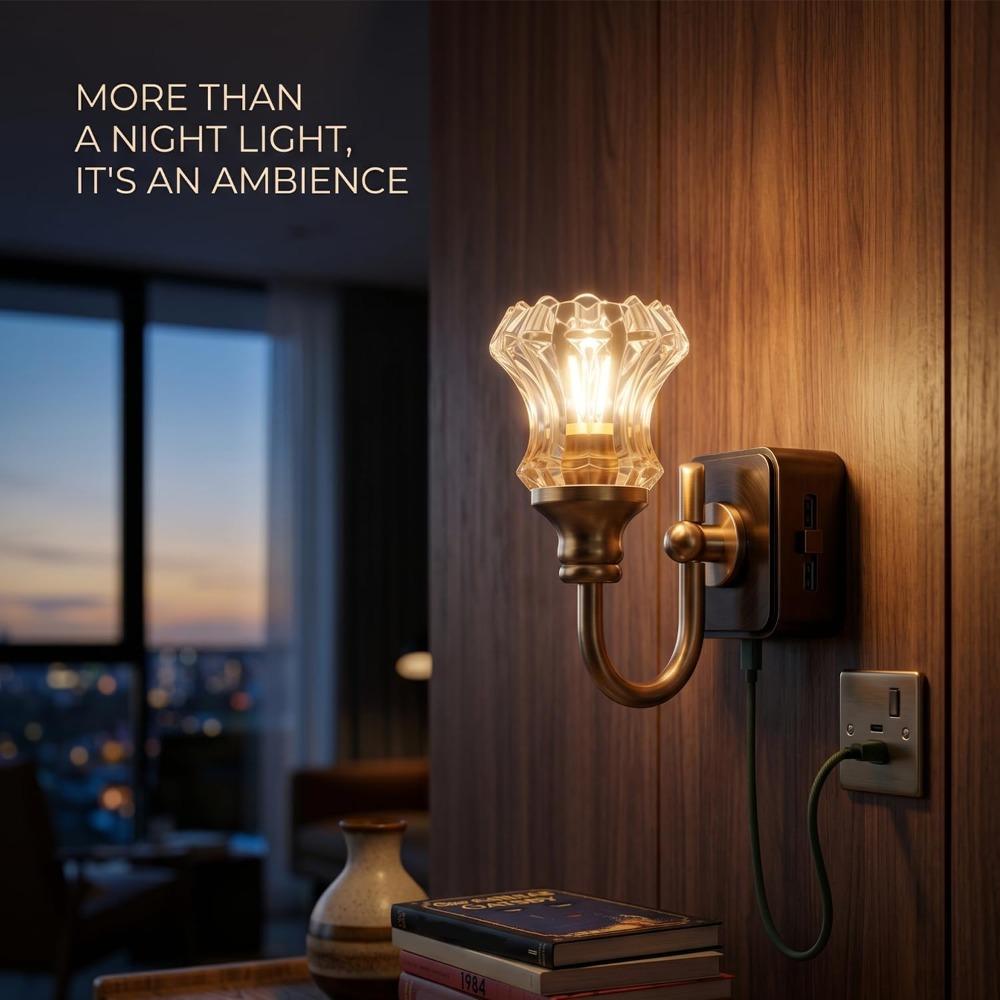 Wandleuchte im Retro-Stil, Steck-Nachtlicht, USB-betrieben, mit Schalter, Glaslampenschirm in Warmlicht, Wandleuchte im Landhausstil.