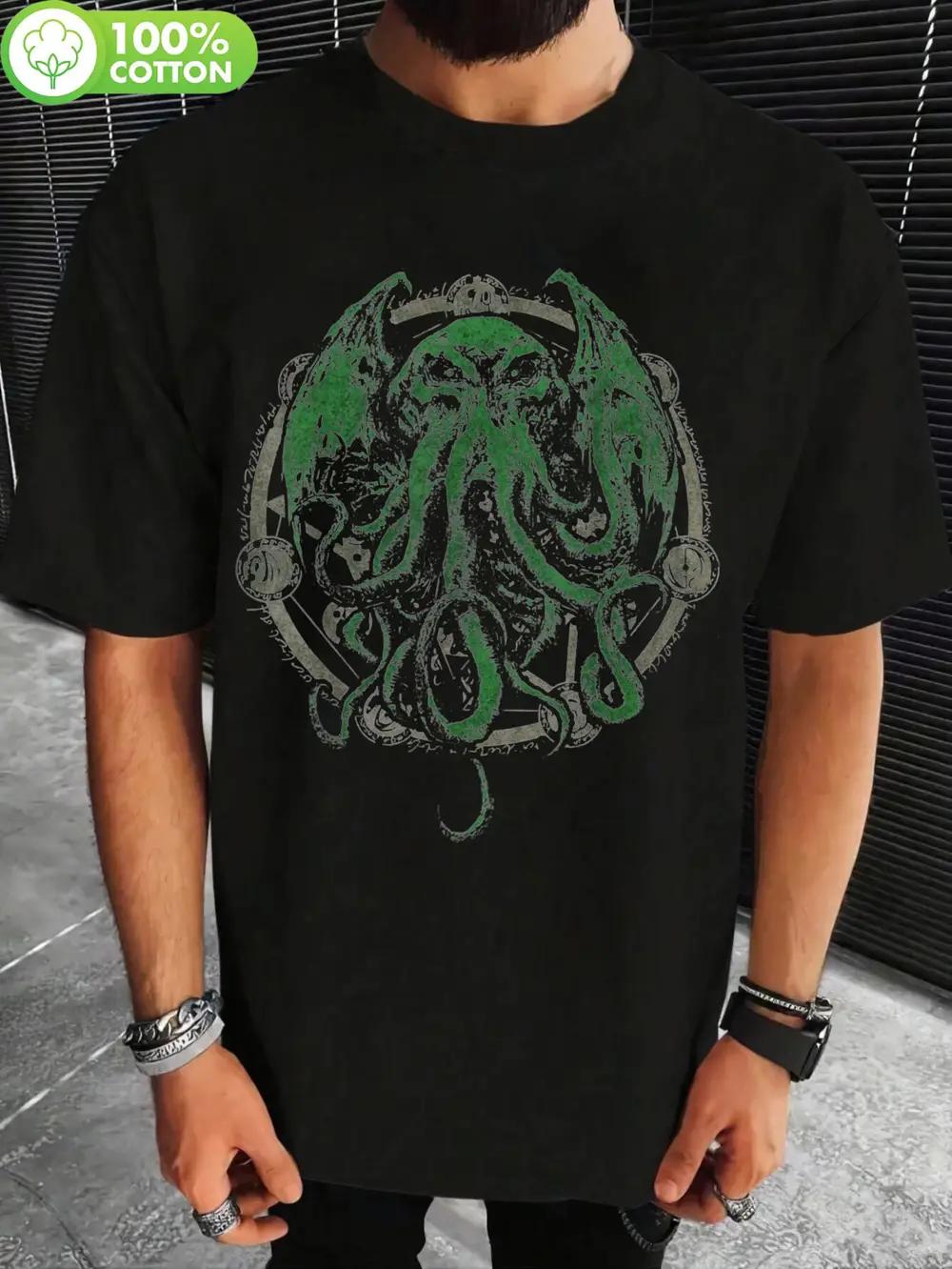 Plus Size Retro Cotton T-shirt - Black with Green Octopus Graphic Print L