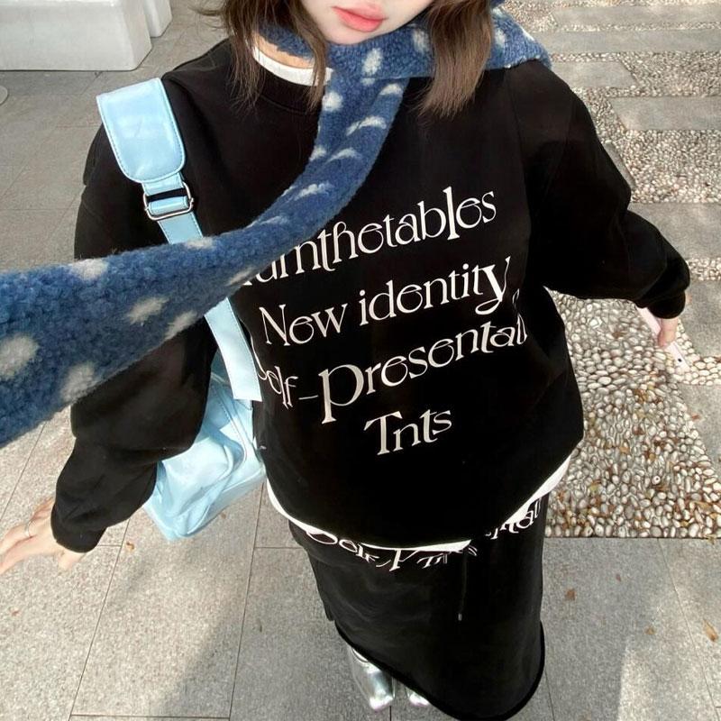 Women s Black Letter Print Crew Neck Sweatshirt Casual Long Sleeve Loose Fit Top M чёрный