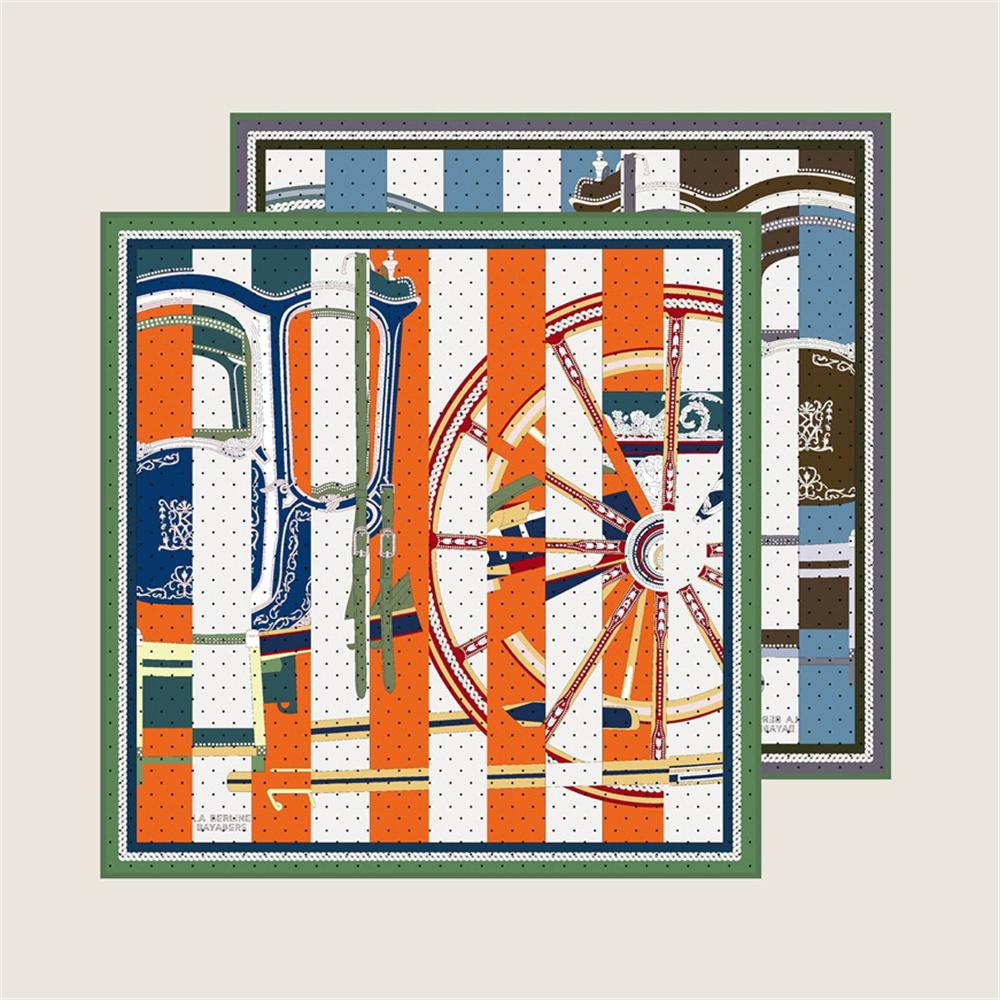 

POBING Hand Rolled Twill Silk Scarf Women Horse Wheel Double Print Square Scarves Wraps Echarpes Foulards Femme Hijab 90CM 90CM x 90CM