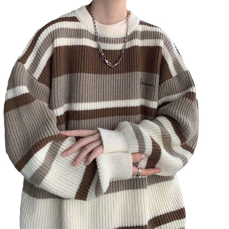 Japanese Vintage Idle Style Color Block Striped Sweater Men Women Autumn Winter Design Sensibility Niche Outer Wear Knitted Top