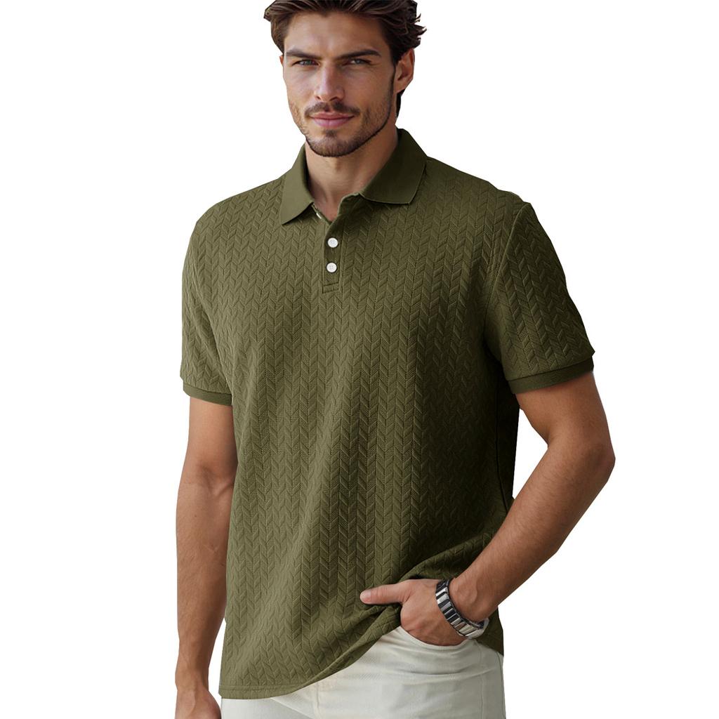 Polo Shirt Solid Color Jacquard Short Sleeved Casual Slim Fit Lapel Shirt for Men