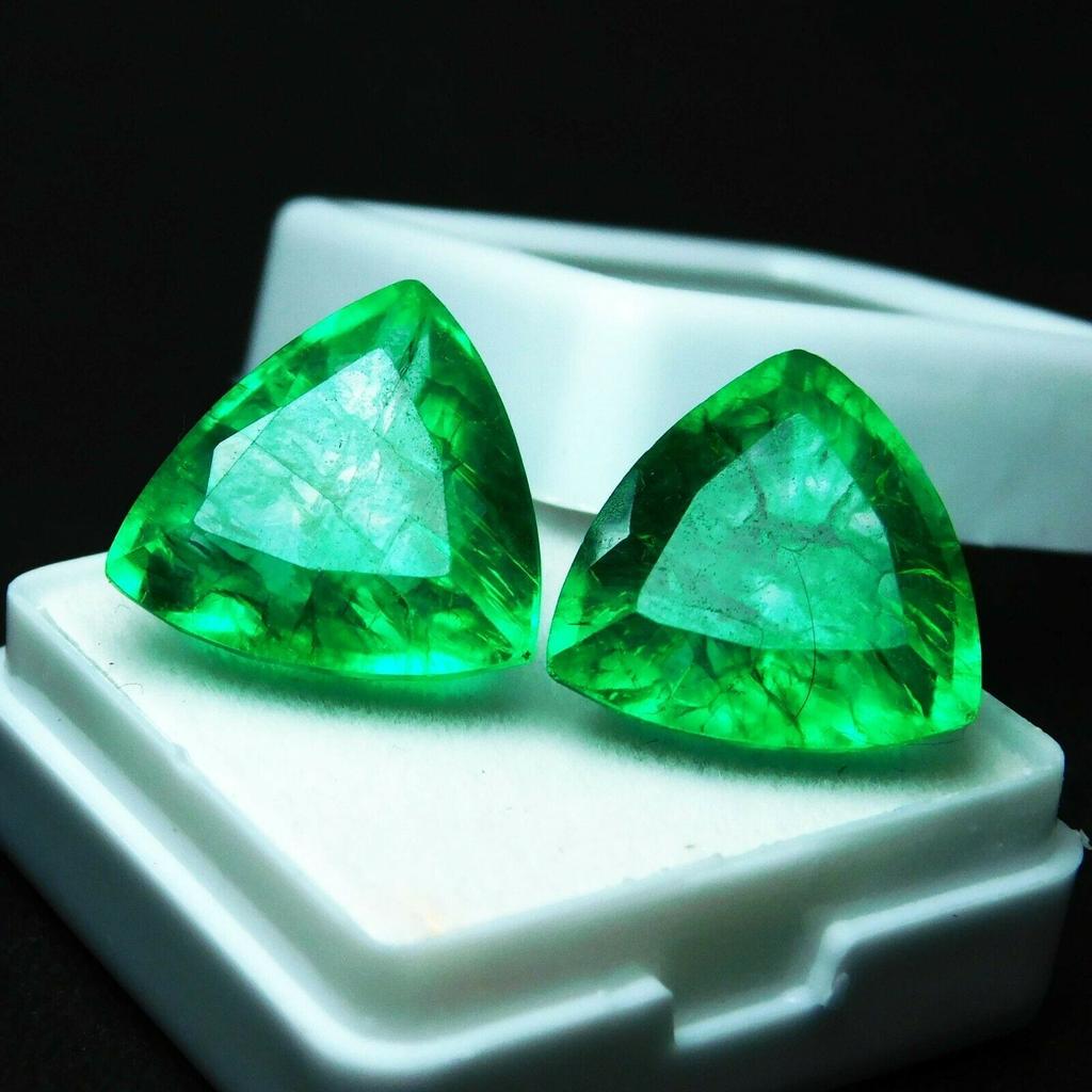 Natural COLOMBIAN Emerald Trillion Cut 17.58 Ct CERTIFIED Green Pair Gemstone