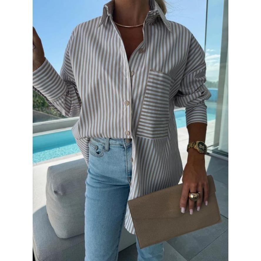 

YYFS Женская мода Повседневная весна-осень Полосатый принт Длинные рукава Поло воротник блузки и рубашки XXL хаки