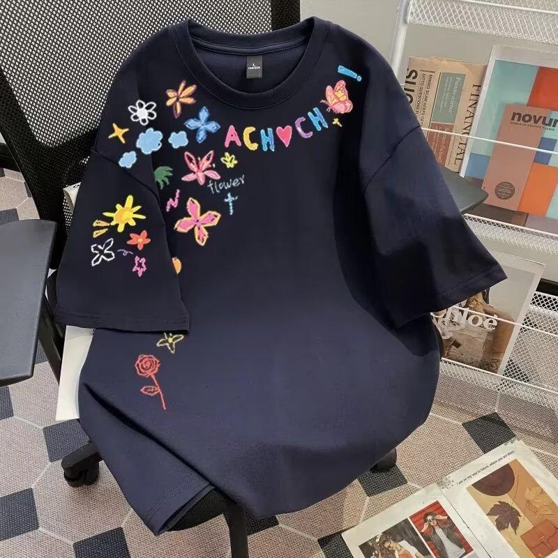 

Американский тренд Ins Тяжелый Маленький Вырез Короткий Рукав Летний Белый Свободный Мужской Повседневный Универсальный Футболка с Полурукавом 5XL темно-синий