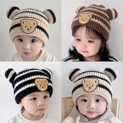 Cartoon Streifen Baby Mütze Niedliche Bärenohren Säugling Strickmütze Winter Warm Kinder Häkelmützen Kleinkind Mädchen Jungen Mütze