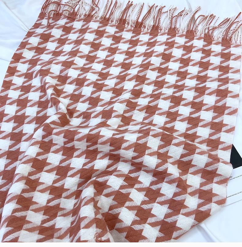 Women's Medium-Length Houndstooth Scarf - Warm, Sweet Style, Imitation Cashmere, Tassel Snood, Thick Shawl