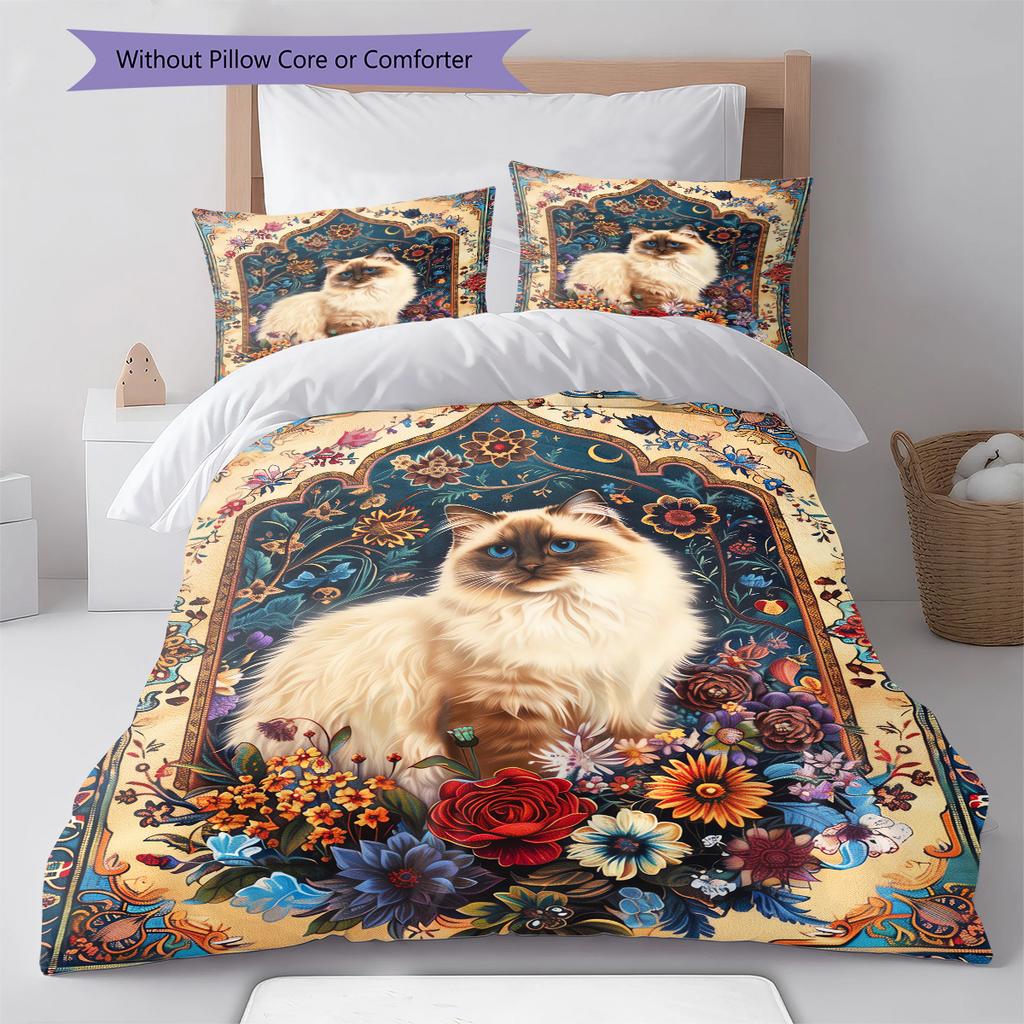 Boho Floral Cat Pattern Bedding Quilt Set Quilt Cover Pillowcase Home Decoration Birthday Gift (1 * duvet cover + 2 * pillowcase, without core)