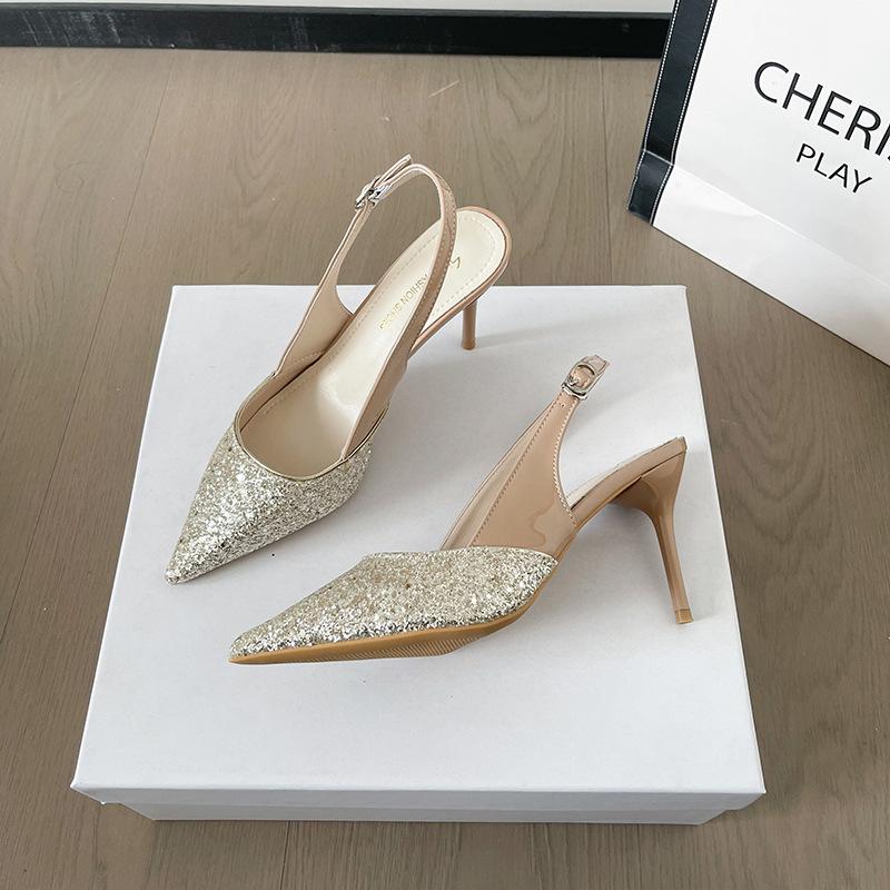 Korean version of bag head back empty sandals women's high heels 2025 spring and summer new color matching pointed heel large size women's shoes