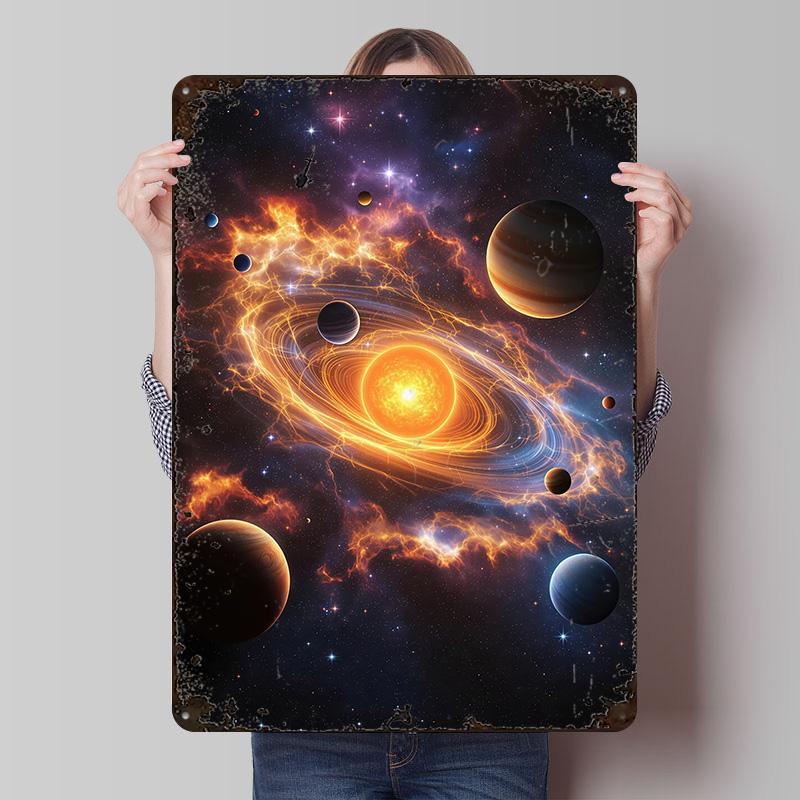 Stylized Solar System Storm and Nebula Tinplate Poster Customized Wall Art Vintage Metal Signs Retro Tin Plaque for Desk Decor 20x30cm(7.8x11.8inch)