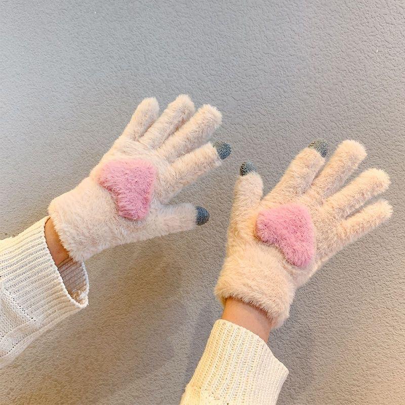 New plush love outdoor five fingers cute knitted windproof girl cold