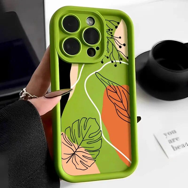 Abstract Plants Phone Case For iPhone 15 Pro Max Case iPhone 13 14 12 11 Pro Max X XR XS 7 8 Plus SE Candy Liquid Silicone Cover