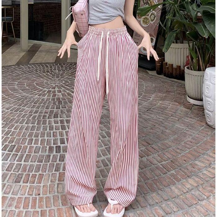 Pantaloni Casual Coreeni cu Dungi Verticale pentru Femei În Vară Noi Largi cu Bule cu Dungi cu Picior Larg Versatili