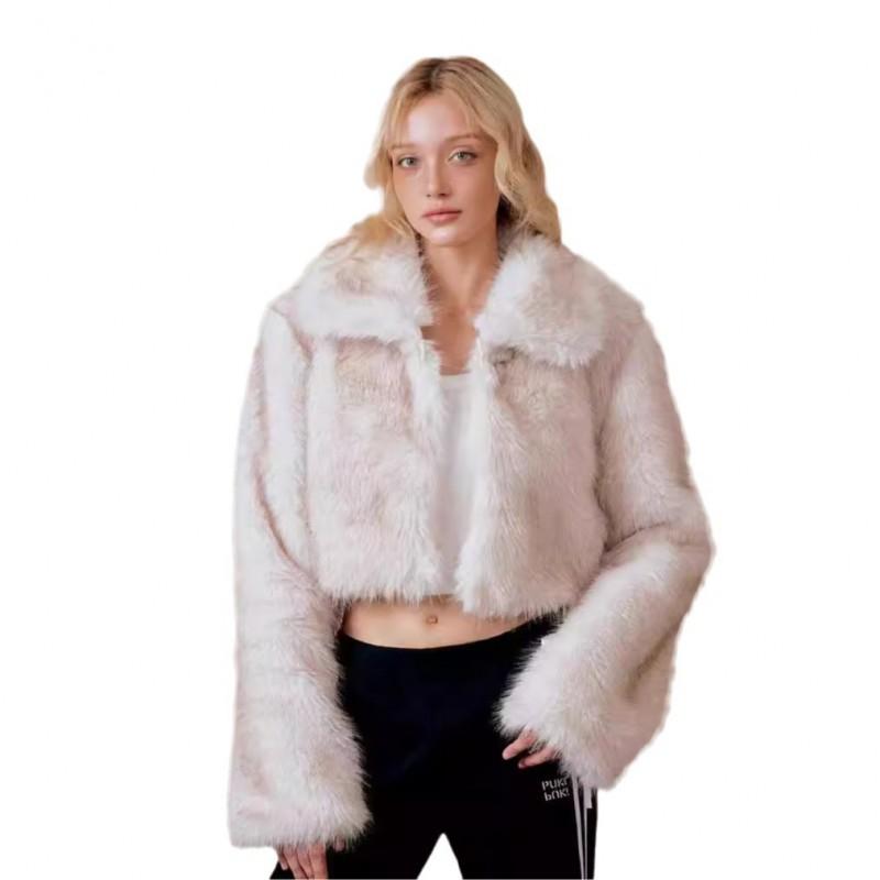 Womens Short Faux Fox Fur Trimmed Coat Winter Warm Thick Plush Outerwear POLO Collar Solid Base With Dyed Tips