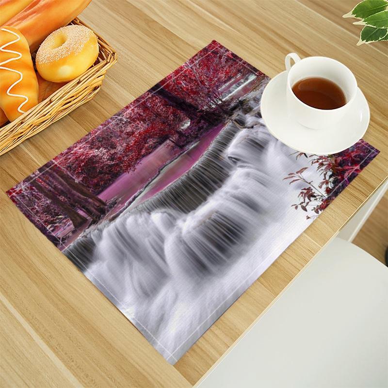 Natural Waterfall Print Linen Dining Table Mats Alphabet Kitchen Placemat 30X45cm Coasters Pads Bowl Cup Mat