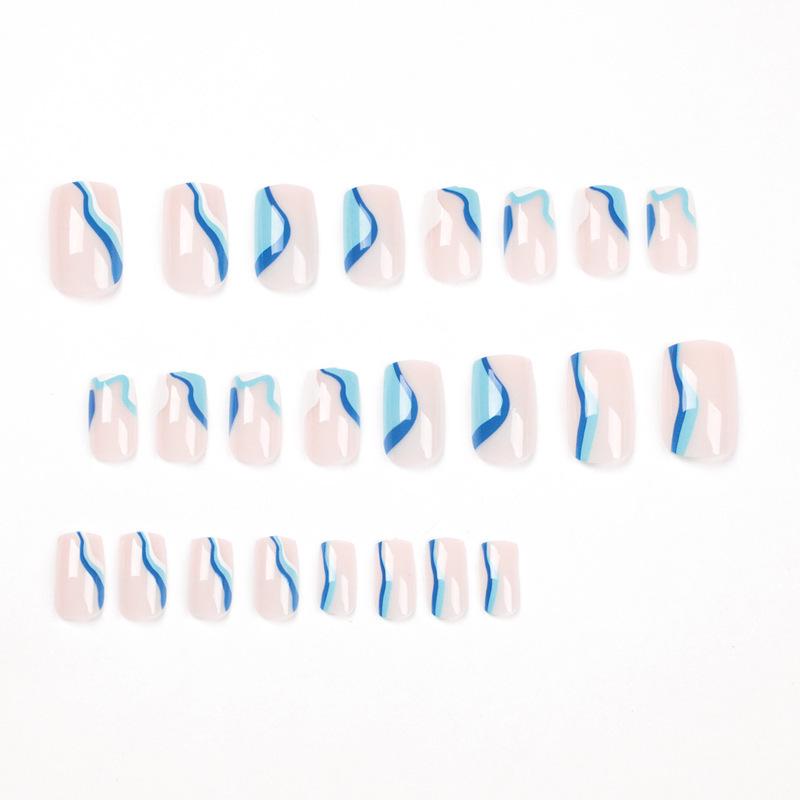Wearable Wave Pattern Nail Tips - White & Blue, Medium-Long