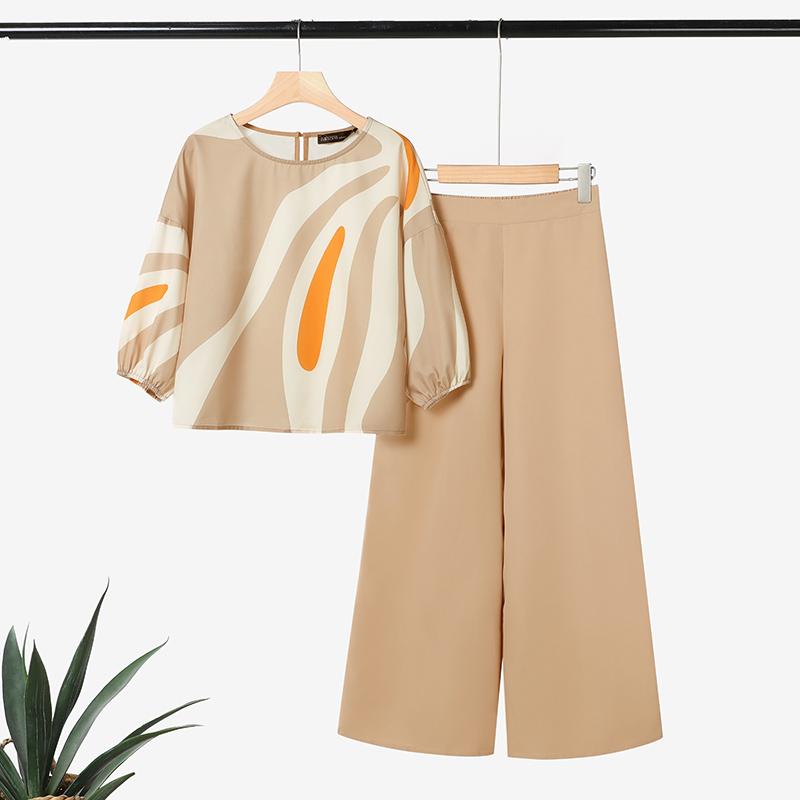 

ZANZEA Женский повседневный костюм-двойка: блузка с рукавом 3/4 и принтом и брюки