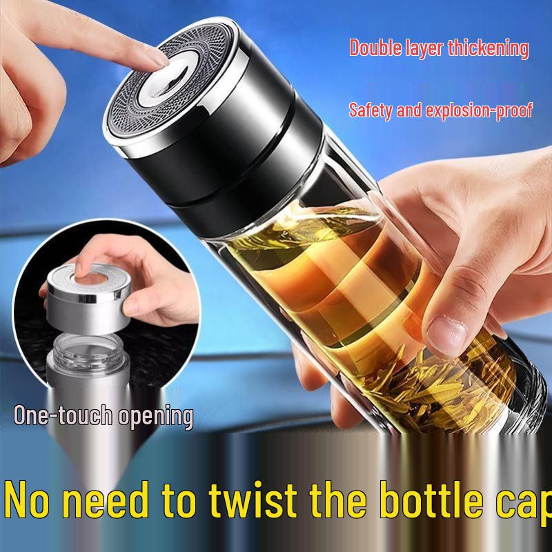 Durable Double-Capacity Glass Cup with One-Key Open & Tea-Water Separation for Easy Brewing
