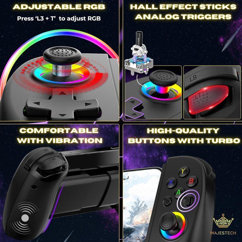 Mobile Gaming Controller with Hall Effect Joystick & RGB, for iPhone/Android/iPad/Tablet, Cloud Gaming & Remote Play