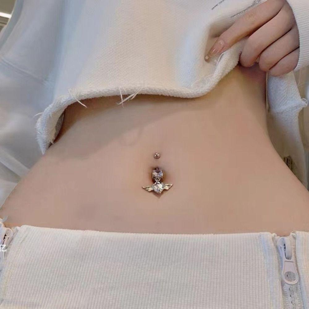 Stainless Steel Angel Belly Button Ring Rhinestone Body Piercing Jewelry Zircon Navel Ring  Women