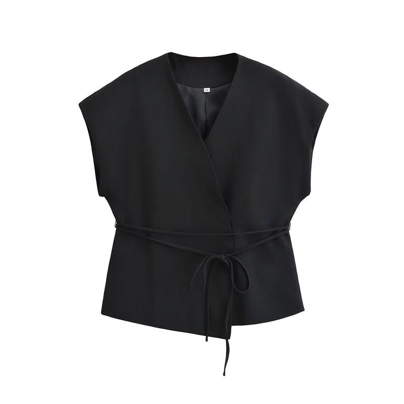 

Kaslead New Arrival Women s Clothing Fashion Style Fashion Blended Double Breasted Vest Pants 8056586 7134 Black Tops L