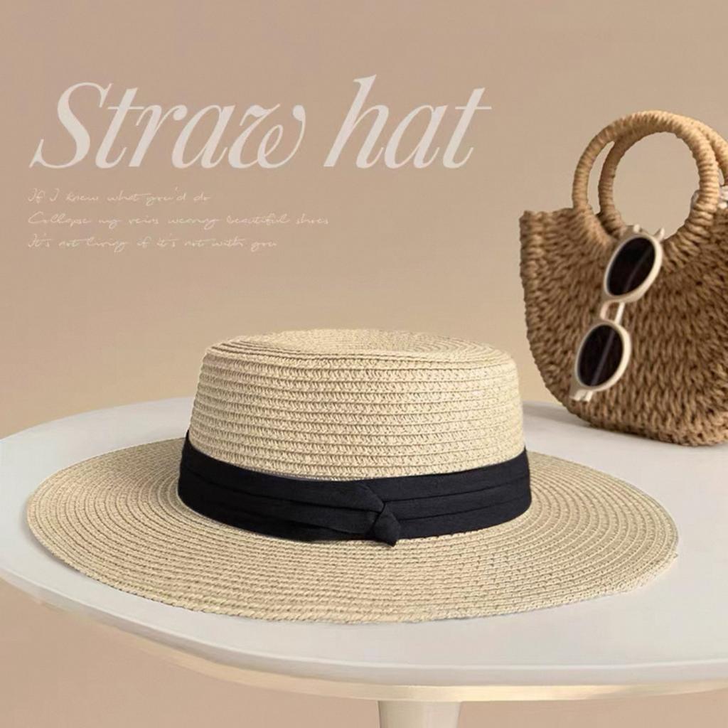 Straw Hat Women's Fashion Elegant Pleated Ribbon Flat-top Sunshade Hat Vacation Travel Sunscreen Hat