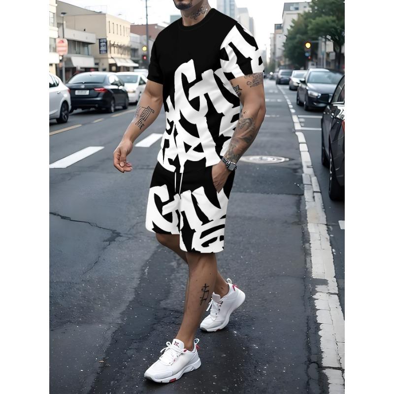 New Summer Men's Set Men's Street King T-Shirt Two-Piece Set Casual Wear Loose-Fit Crew Neck Beach Sports Set