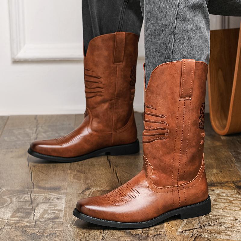 Men High Top Boots Pu Embroidered Low Heel Fashionable Western Men Cowboy Boots