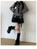 Japanese Academy Plaid Patchwork Waist-Cinched Shirt + Pleated Skirt Set
