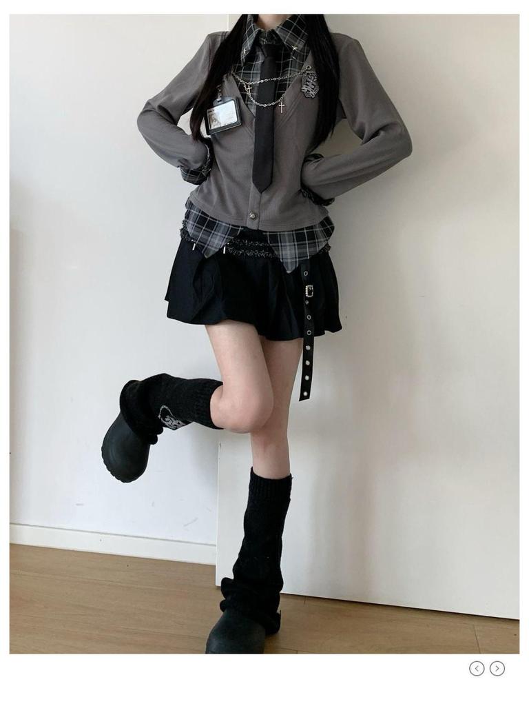 Japanese Academy Plaid Patchwork Waist-Cinched Shirt + Pleated Skirt Set