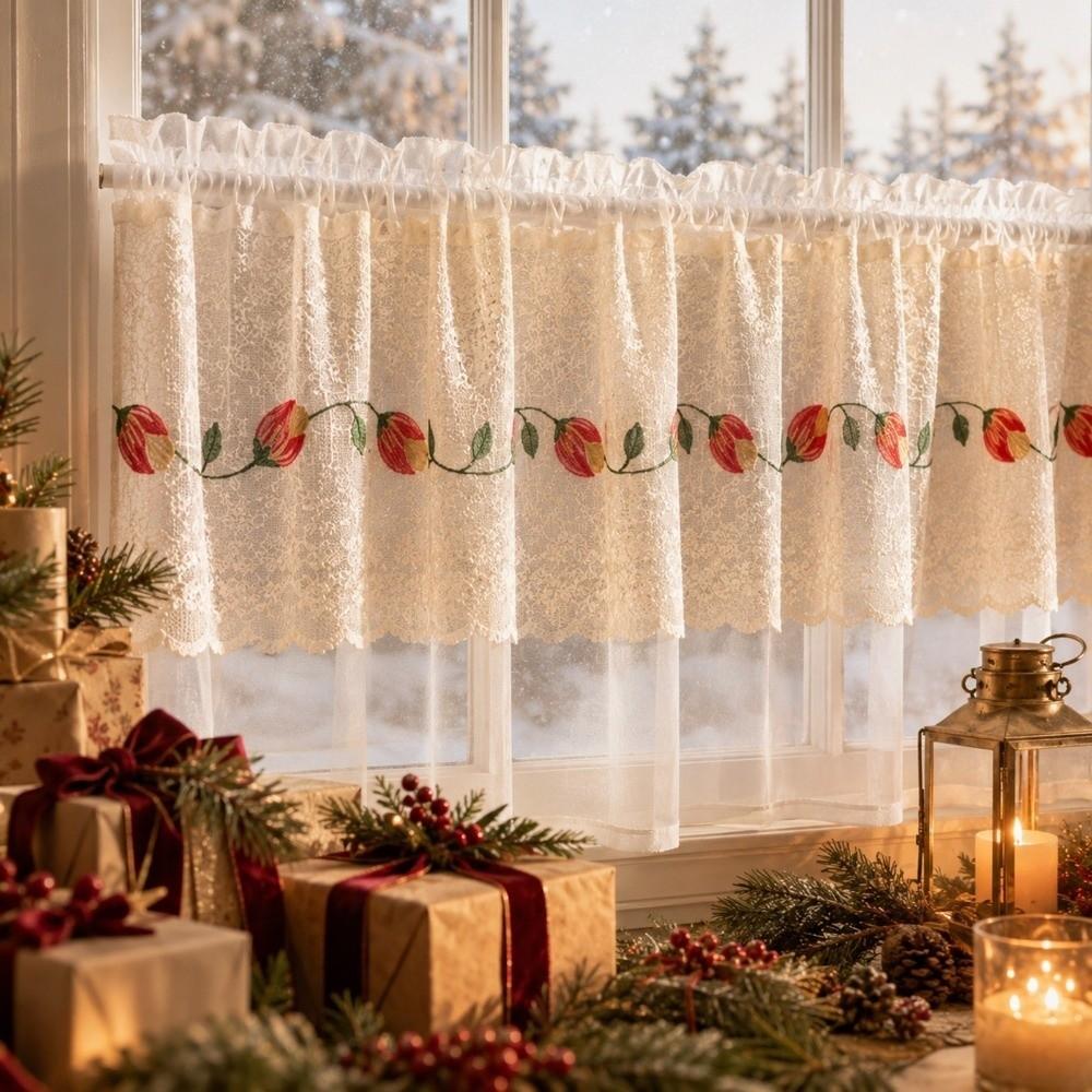 Lace Trim Cafe Curtains Sheer Voile Window Drapes Half Curtains Embroidered Curtains Restaurant
