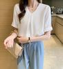 Short Commuting [Hovnbiexe] Women's Blouse, Sleeve, Office, Casual, Shirt, V-Neck, Summer, Chiffon, Top, Stylish, Business, (M, White)